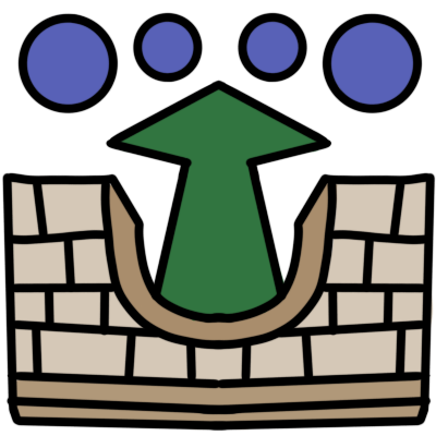  an upside-down stone arch with a green arrow pointing up from it to four blue circles above